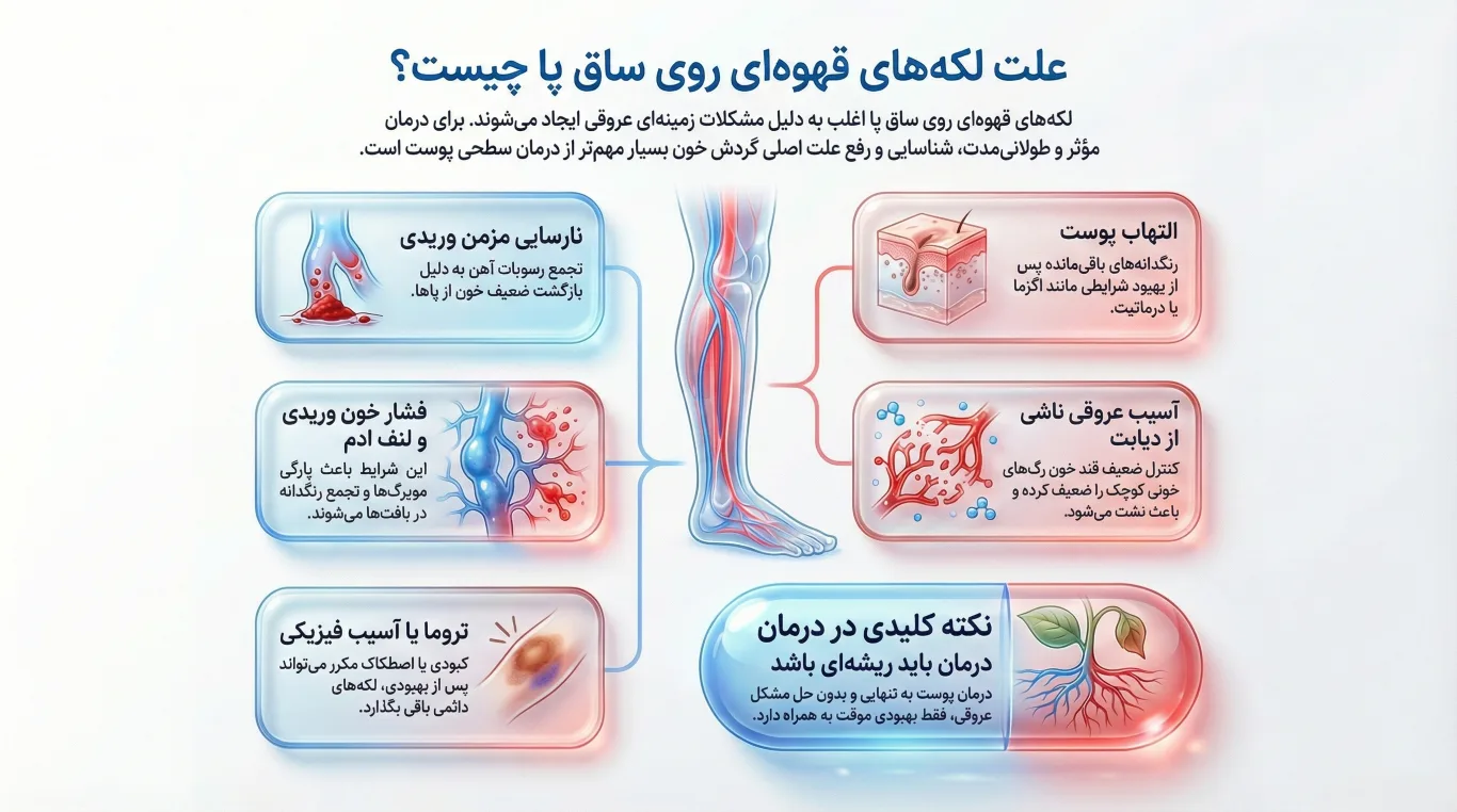 دلیل لکه های قهوه ای روی مچ پا چیست؟ علل، تشخیص و بهترین راهکارهای درمانی 1 علت لکه های قهوه ای در ساق پا