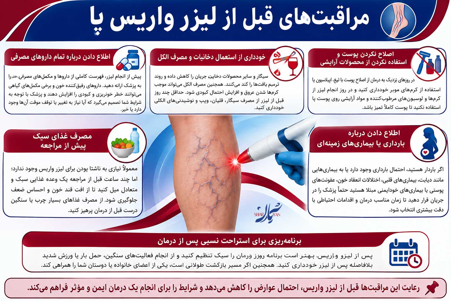 مراقبت های قبل و بعد از لیزر واریس پا 1 مراقبت های قبل از لیزر واریس پا